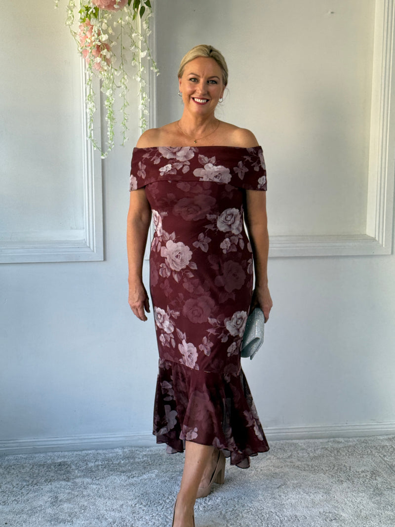 Audrey Burgundy Blossom Evening Gown