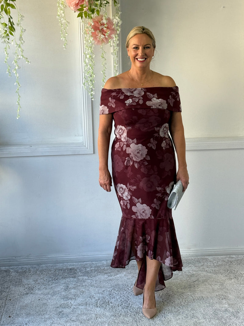 Audrey Burgundy Blossom Evening Gown