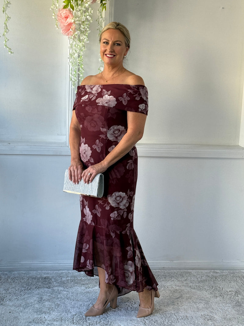 Audrey Burgundy Blossom Evening Gown