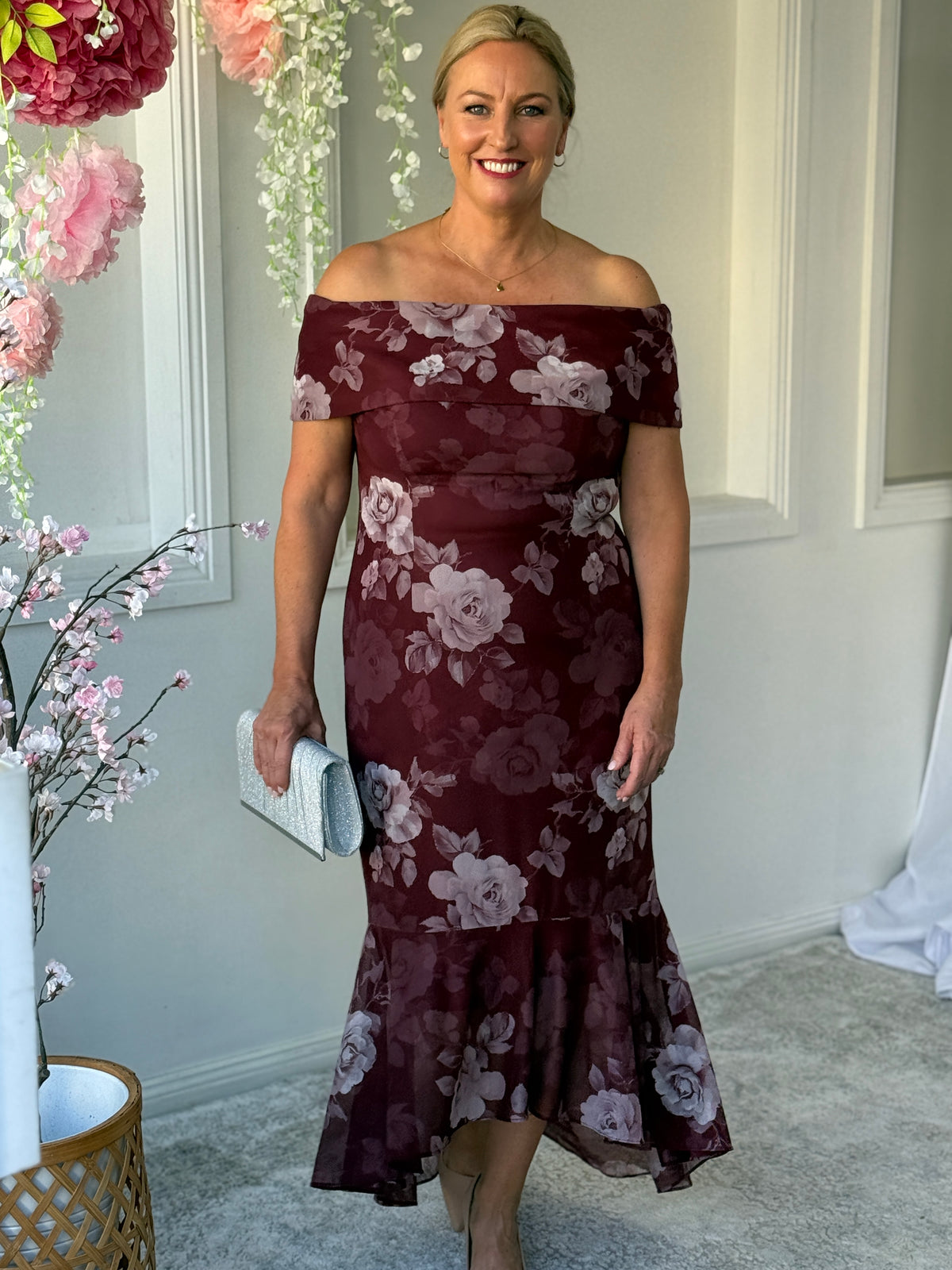 Audrey Burgundy Blossom Evening Gown Dressxox Audrey Burgundy Blossom Evening Gown Dressxox