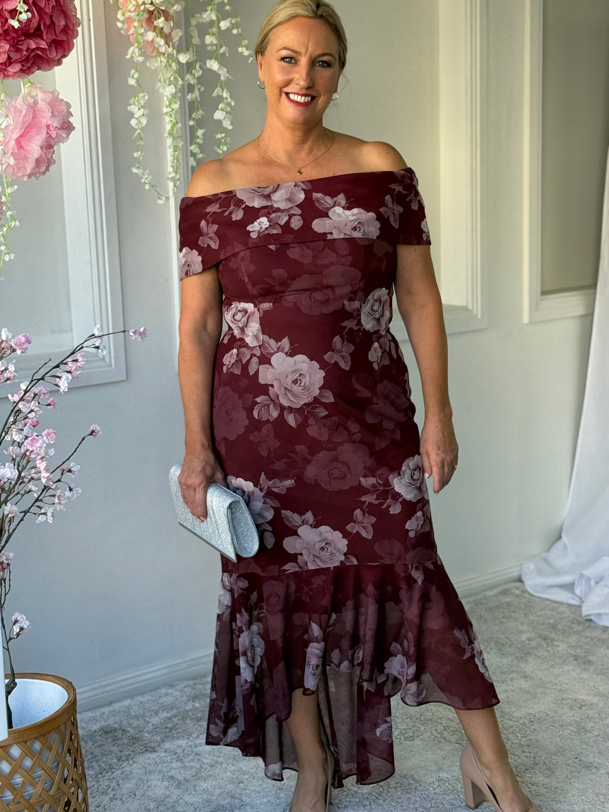 Audrey Burgundy Blossom Evening Gown