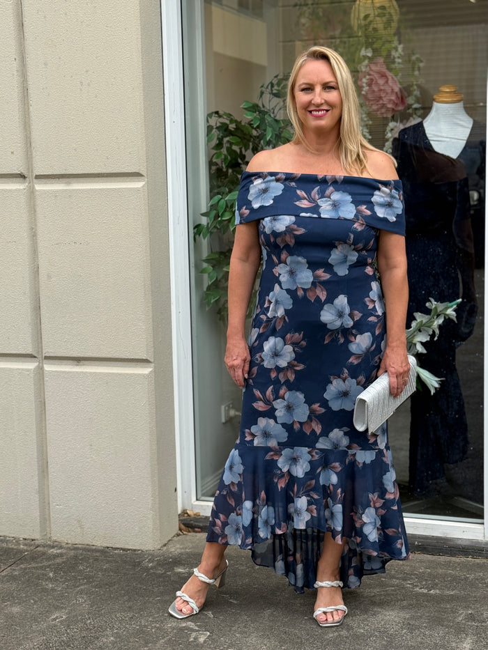 Audrey Navy Floral Evening Gown