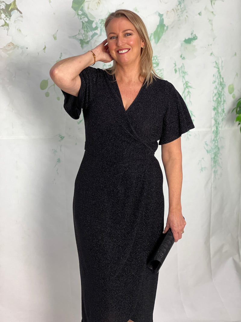 Barbara Black Glitter Wrap Dress