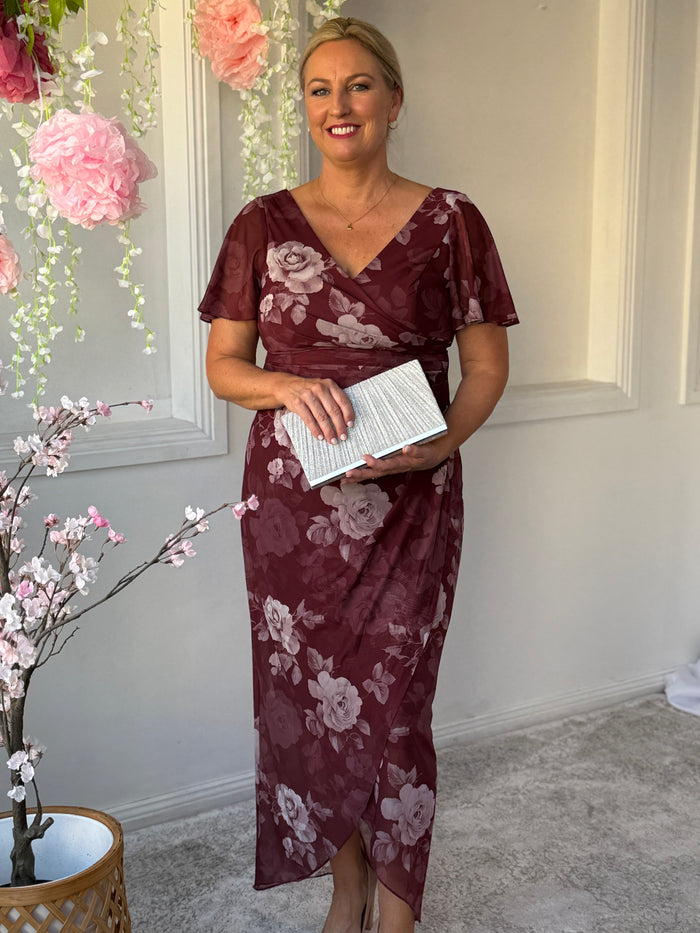 Tracey Burgundy Blossom Evening Dress
