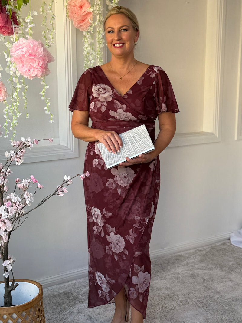 Tracey Burgundy Blossom Evening Dress