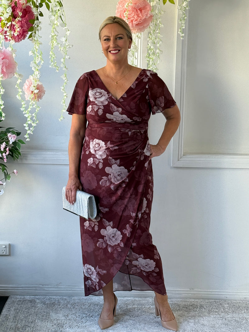 Tracey Burgundy Blossom Evening Dress