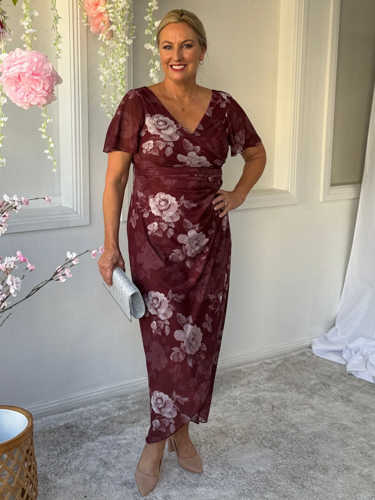 Tracey Burgundy Blossom Evening Dress
