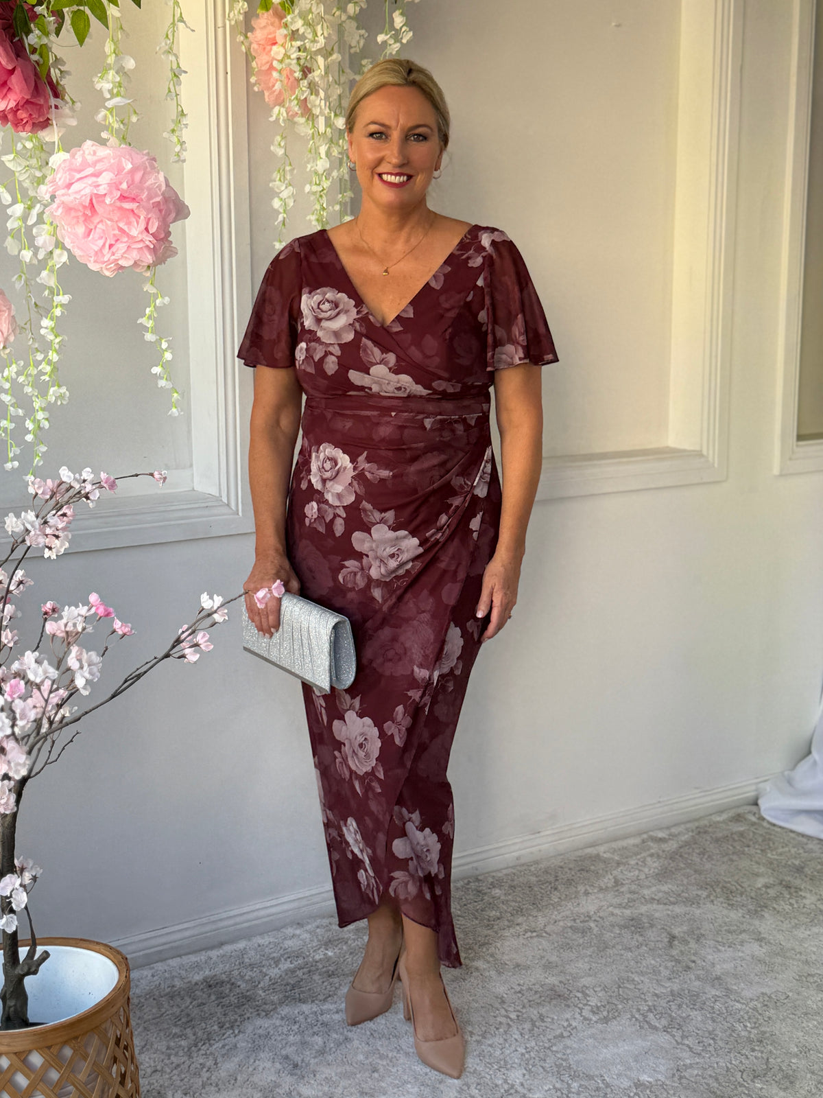 Tracey Burgundy Blossom Evening Dress