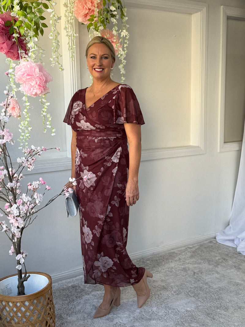 Tracey Burgundy Blossom Evening Dress