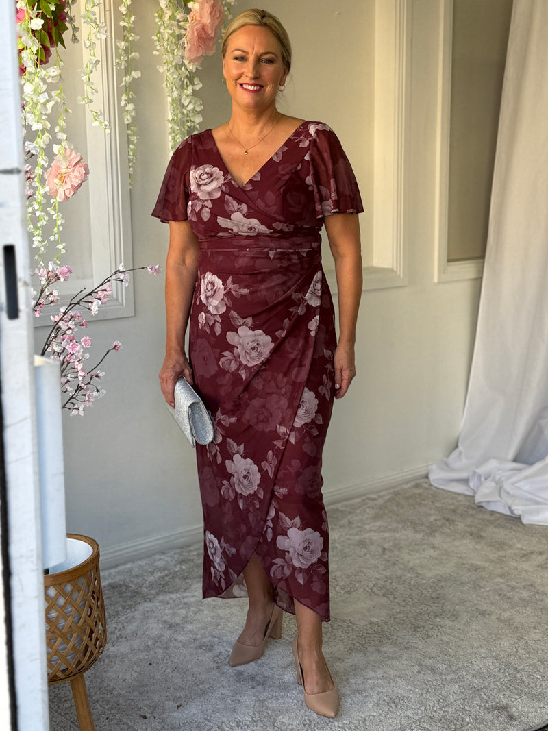 Tracey Burgundy Blossom Evening Dress