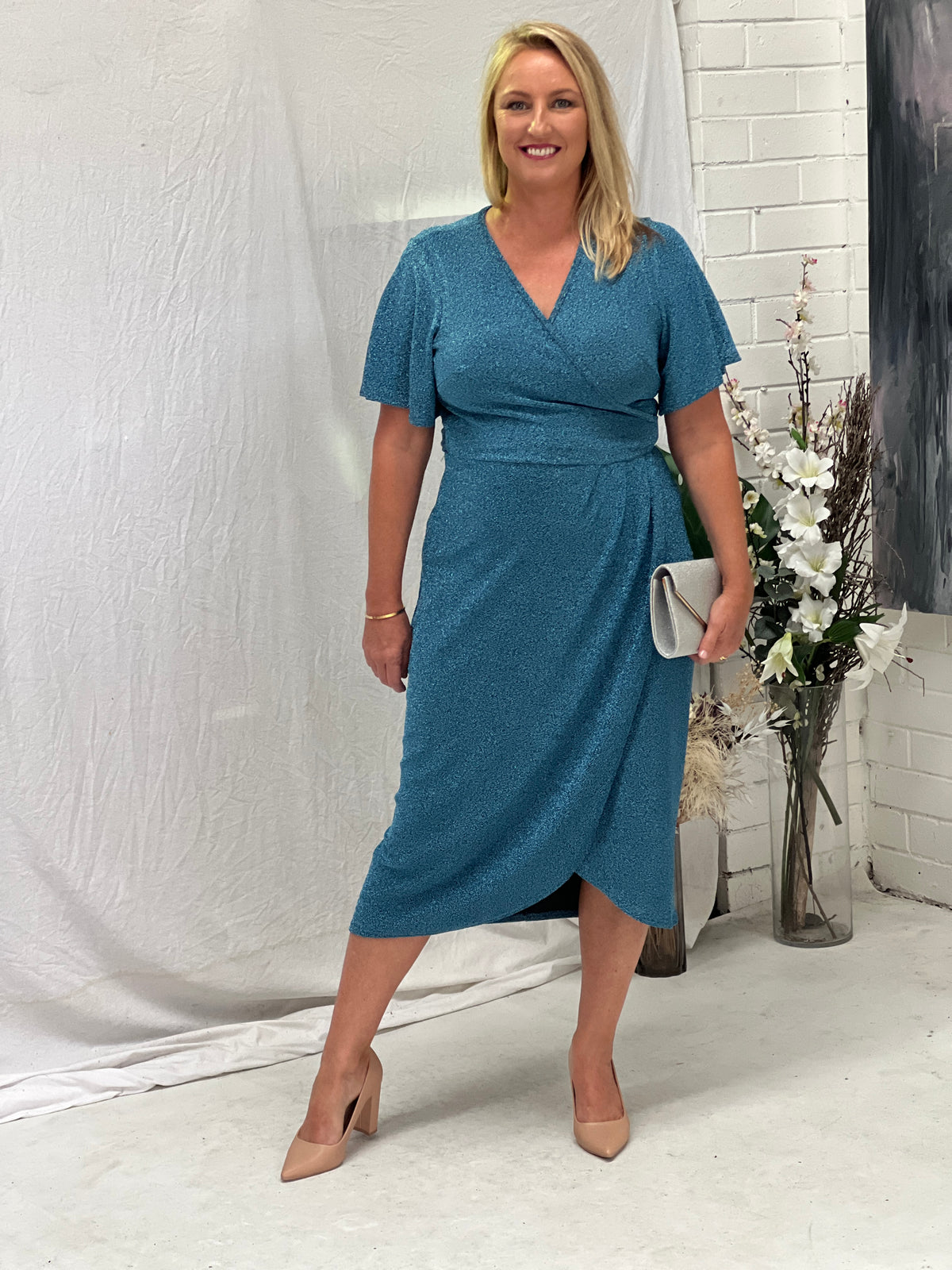 Barbara Aqua Glitter Wrap Dress - Main Image