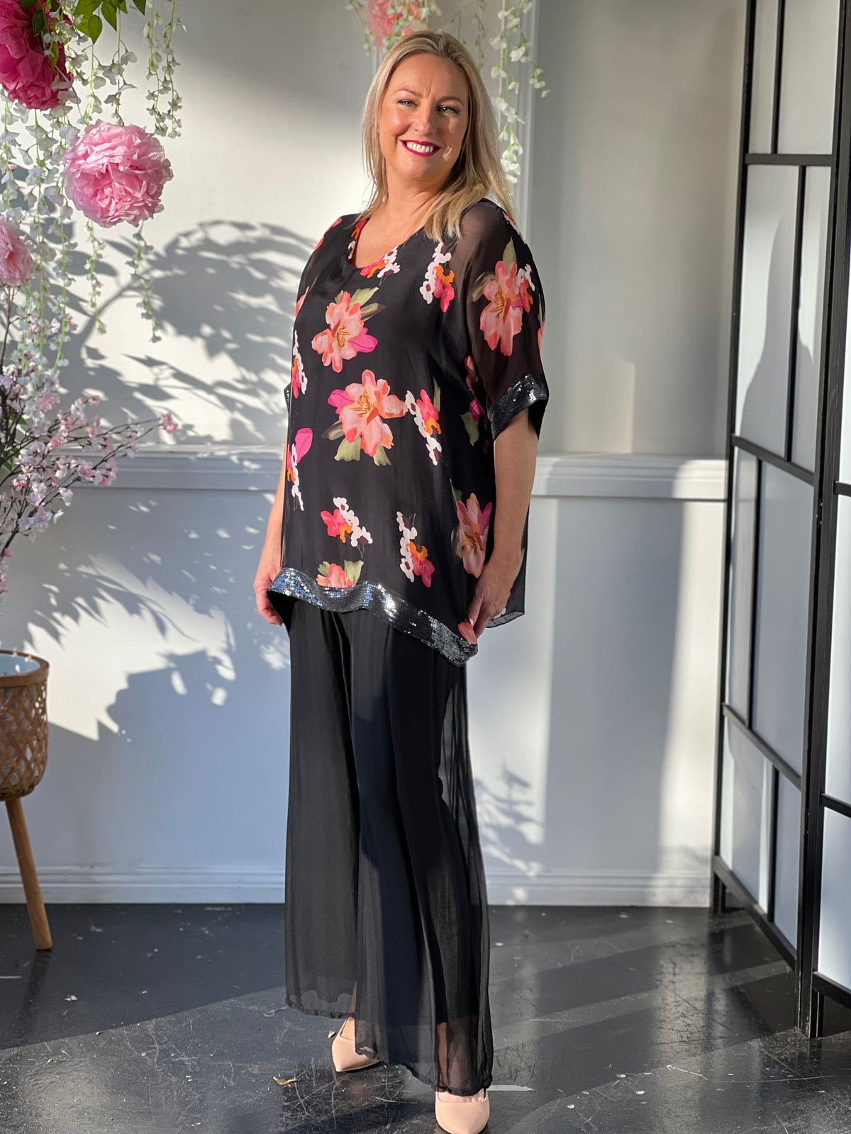 Bindi Black Floral Silk Top