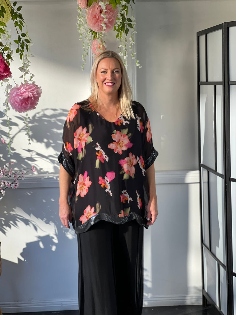 Bindi Black Floral Silk Top