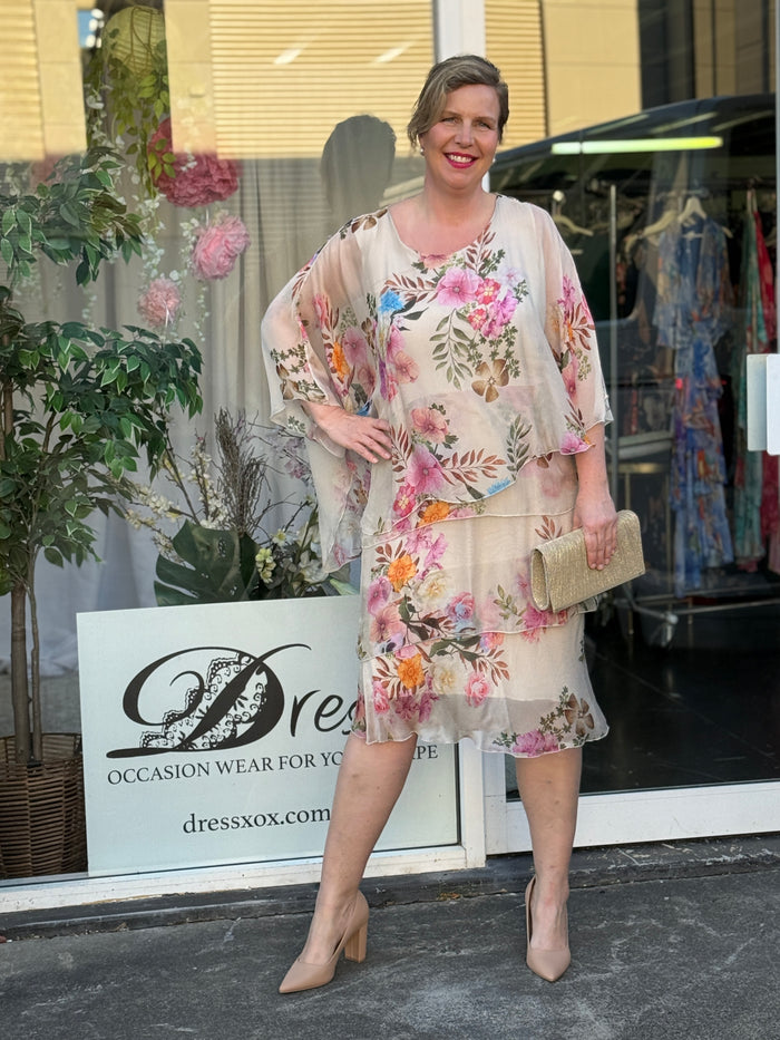 Bronx Beige Floral Silk Dress