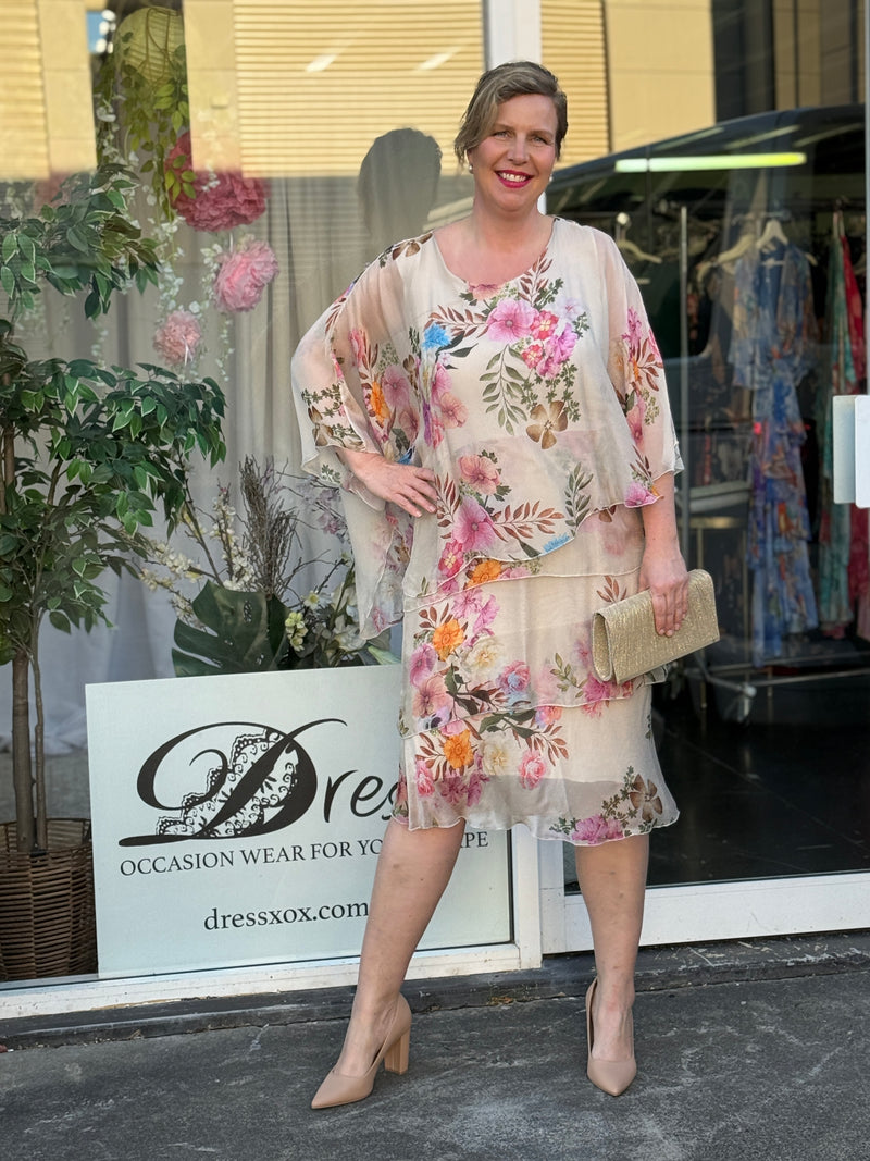 Bronx Beige Floral Silk Dress
