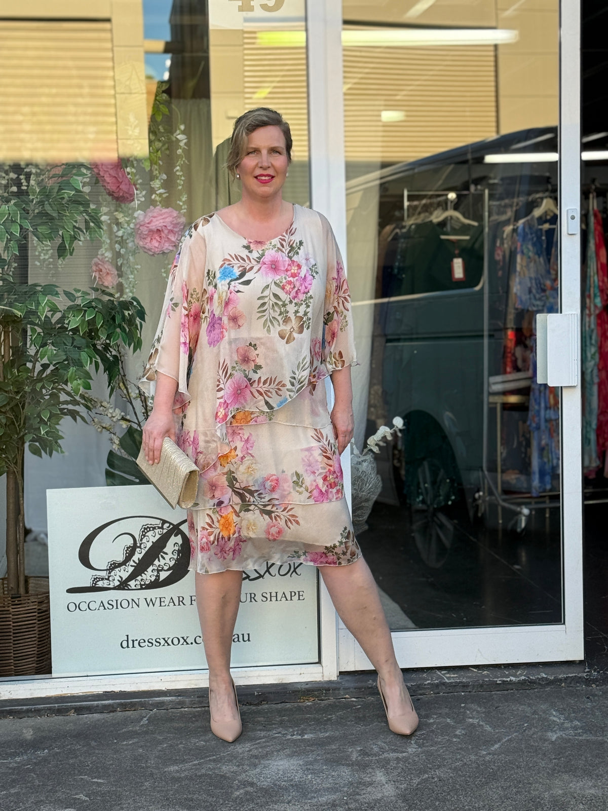 Bronx Beige Floral Silk Dress