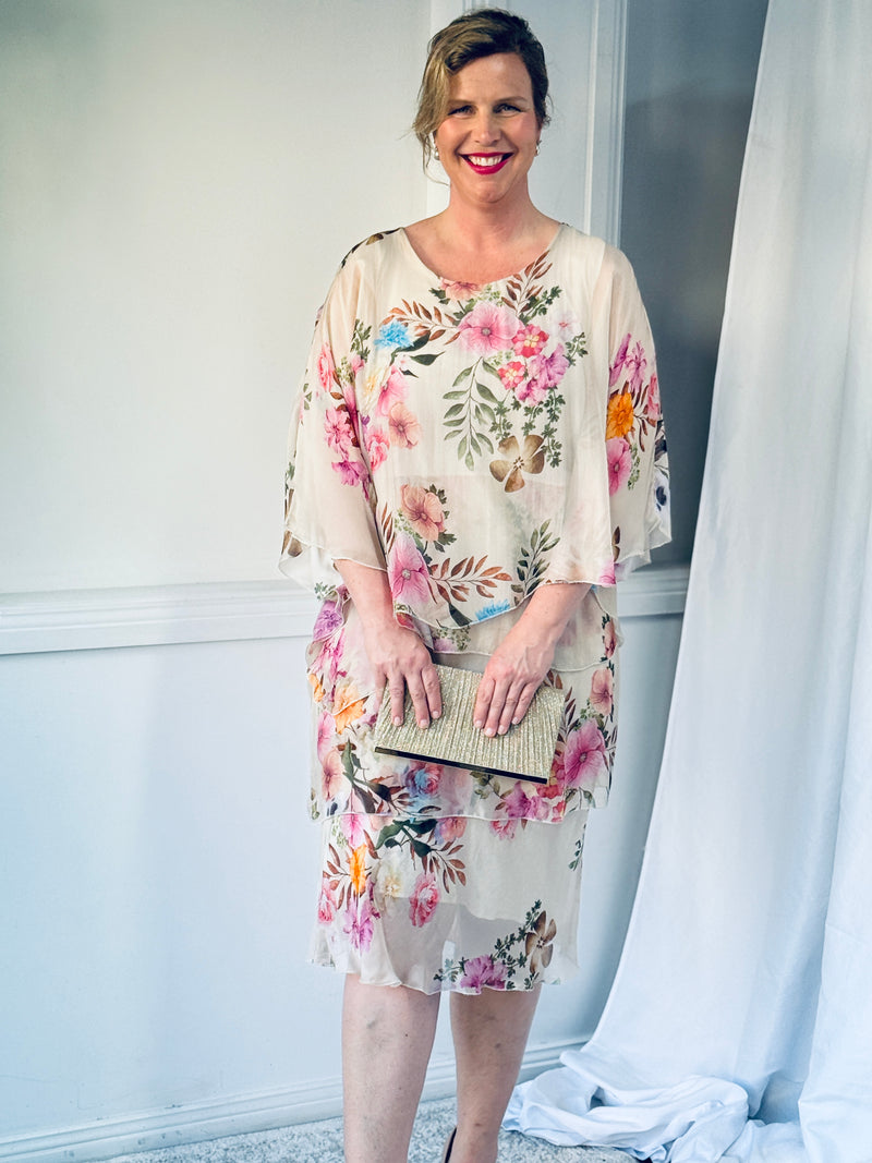 Bronx Beige Floral Silk Dress