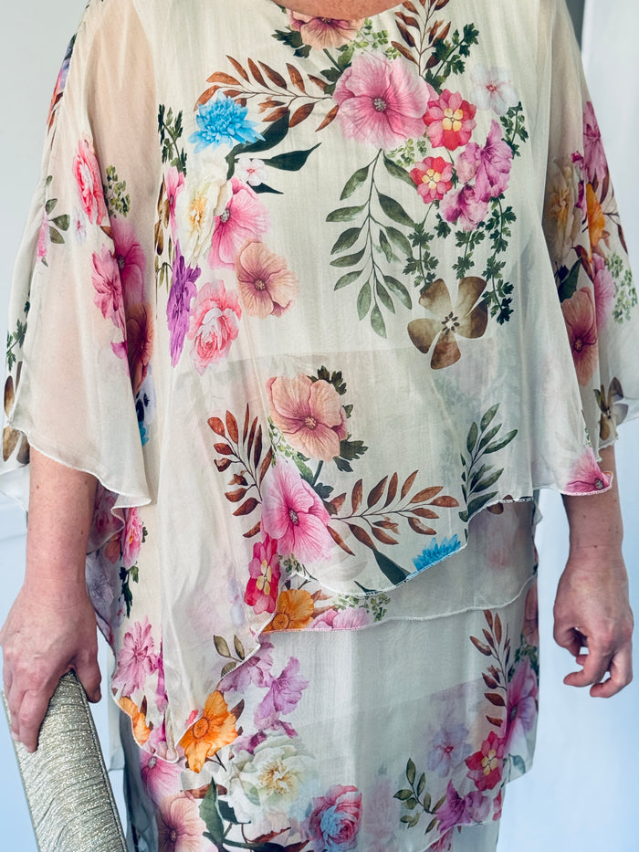 Bronx Beige Floral Silk Dress