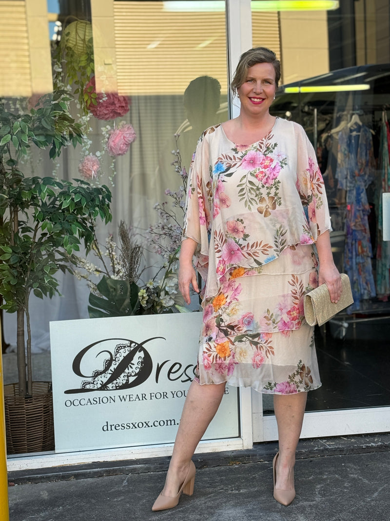 Bronx Beige Floral Silk Dress