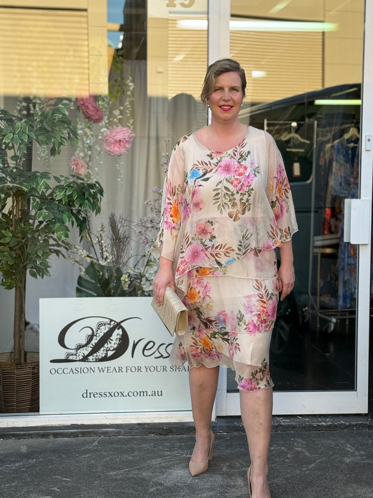 Bronx Beige Floral Silk Dress