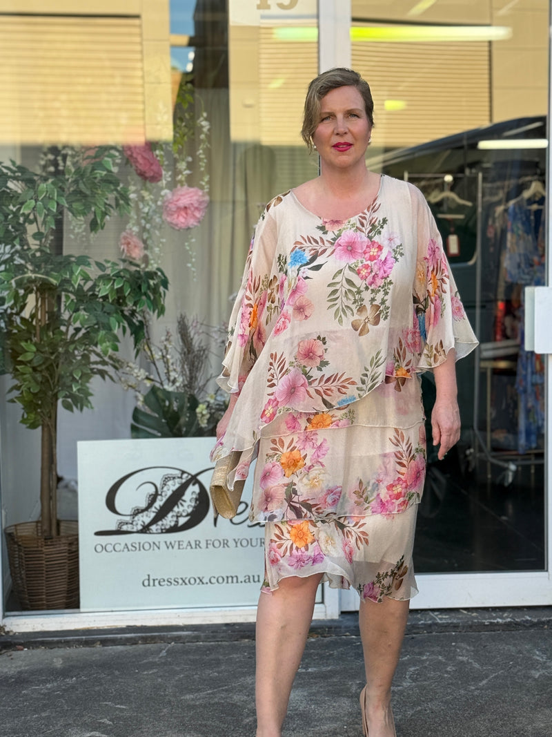 Bronx Beige Floral Silk Dress