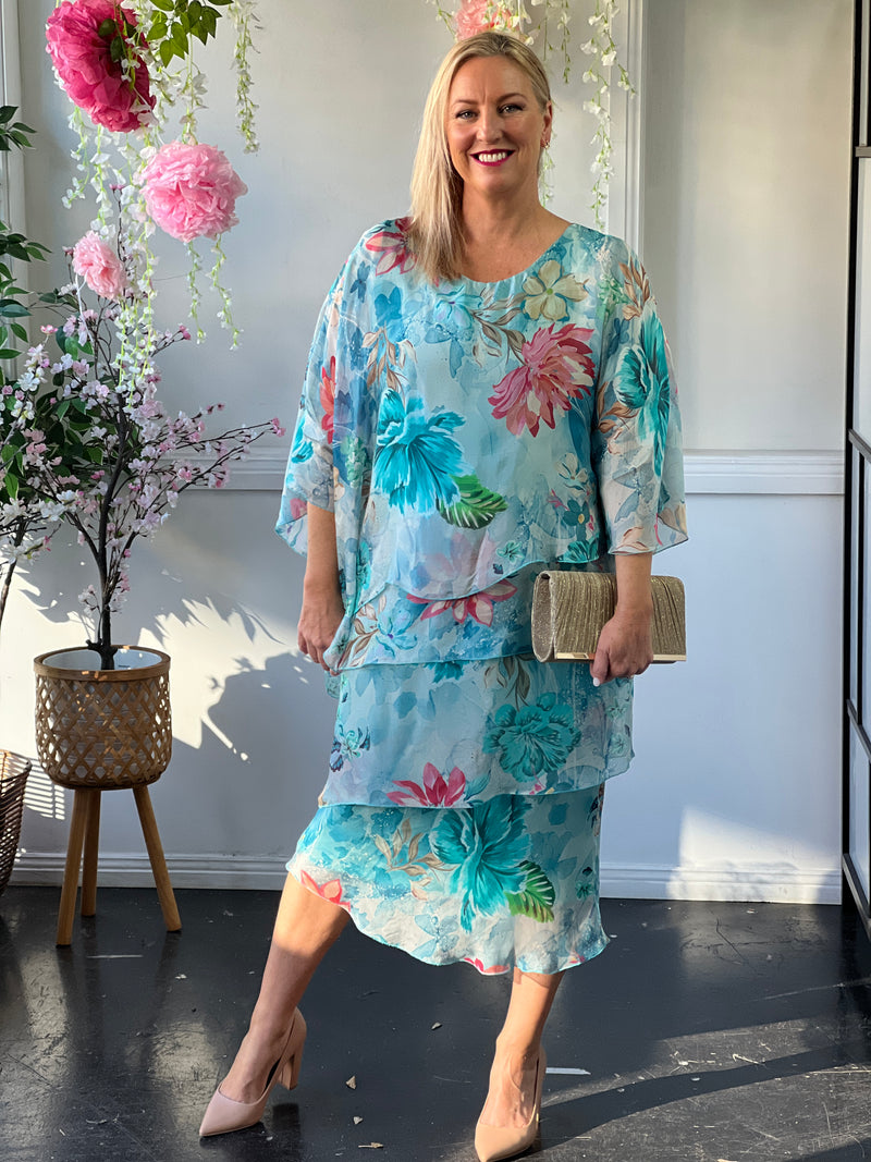 Bronx Aqua Floral Silk Dress