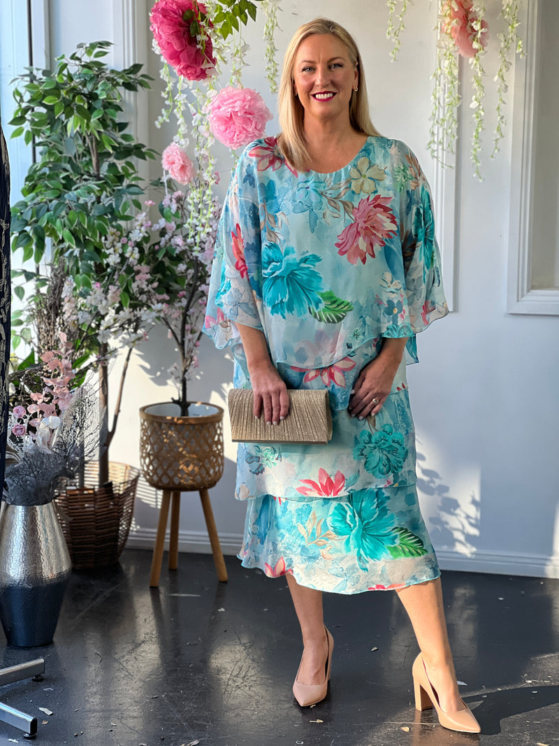 Bronx Aqua Floral Silk Dress
