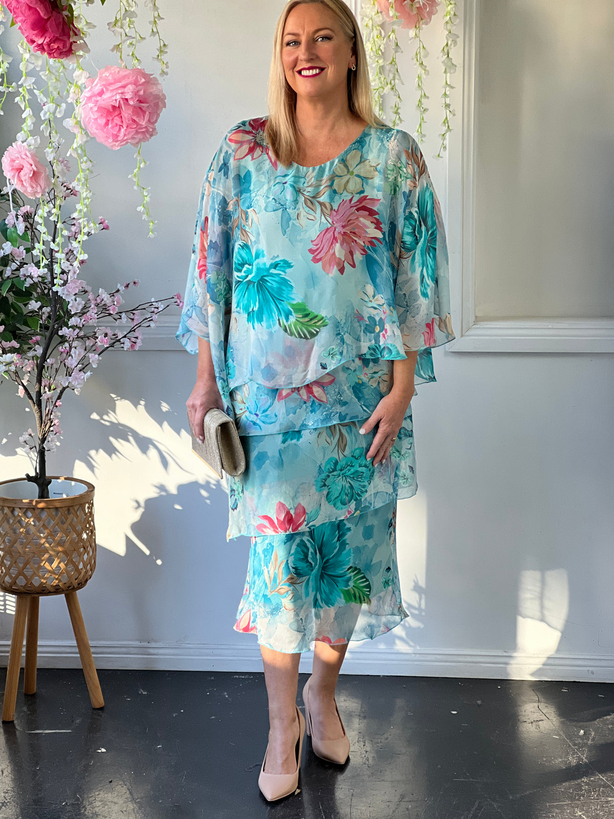 Bronx Aqua Floral Silk Dress