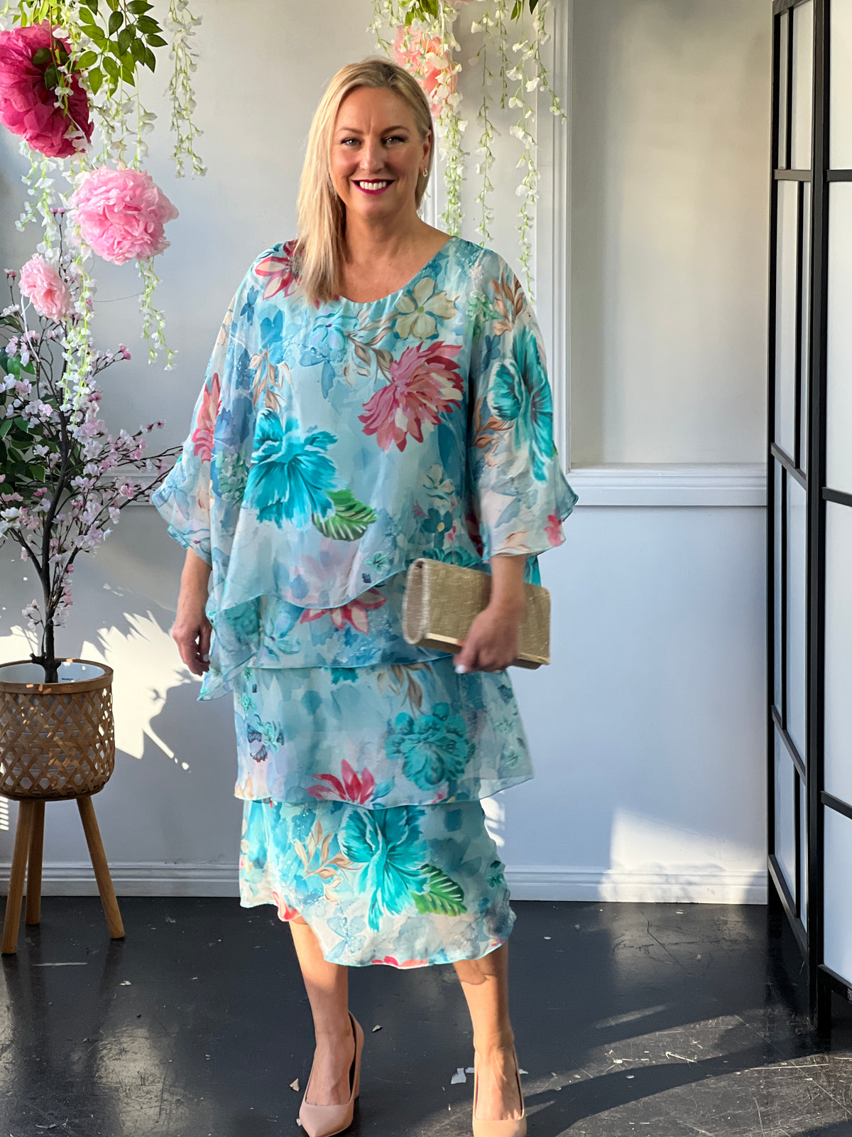 Bronx Aqua Floral Silk Dress