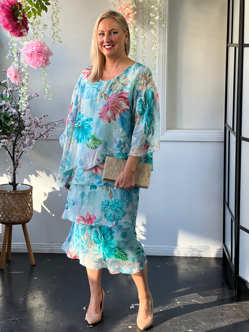 Bronx Aqua Floral Silk Dress