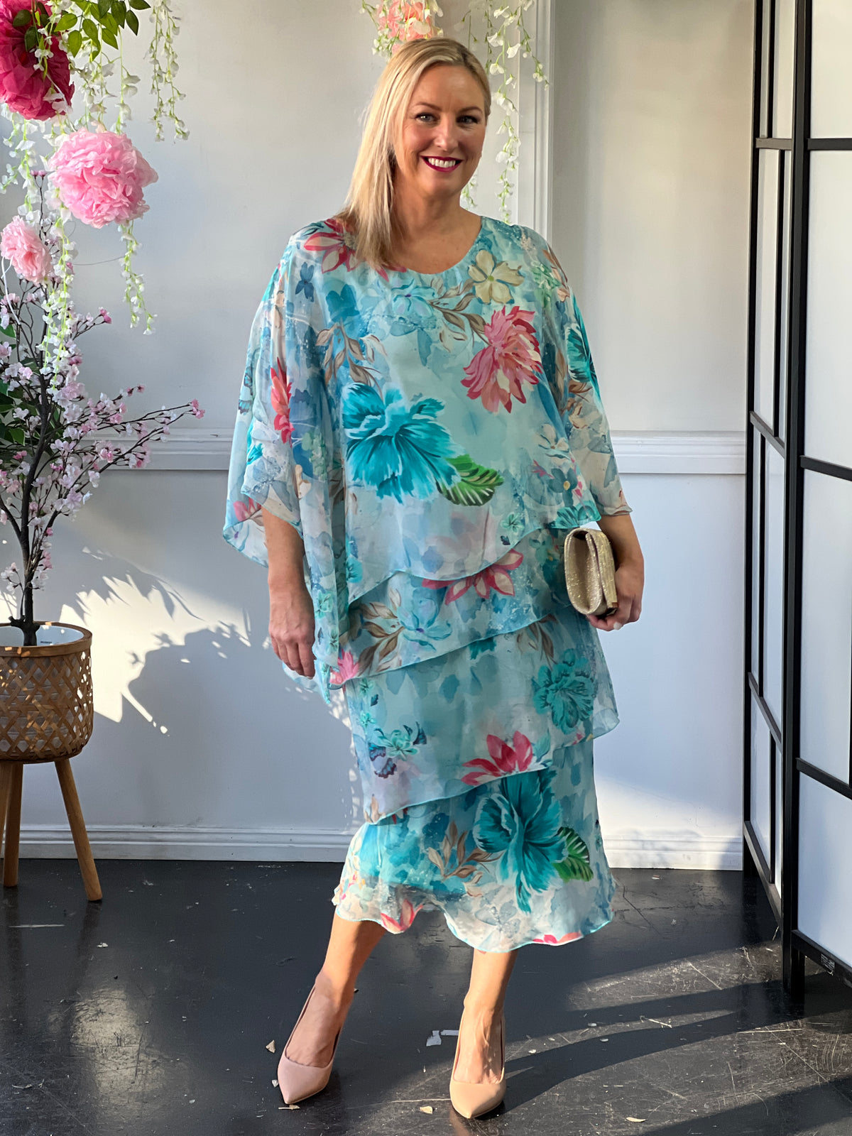 Bronx Aqua Floral Silk Dress