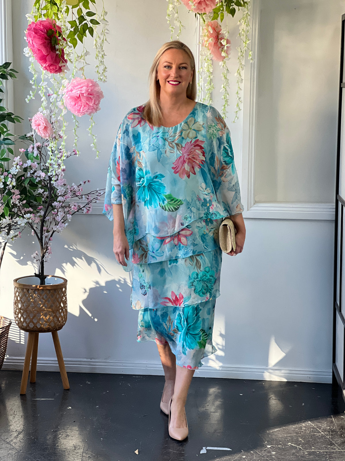 Bronx Aqua Floral Silk Dress