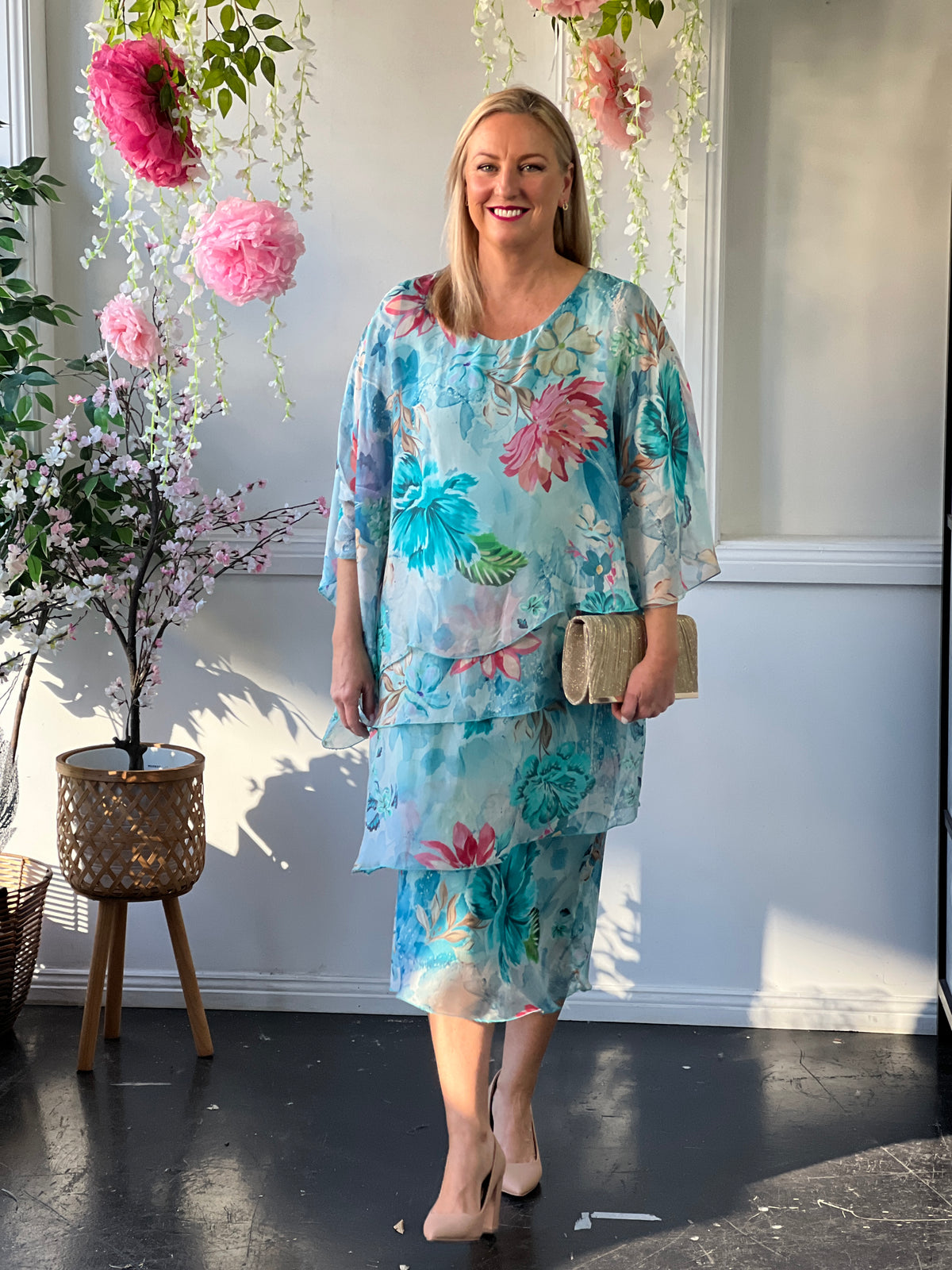 Bronx Aqua Floral Silk Dress