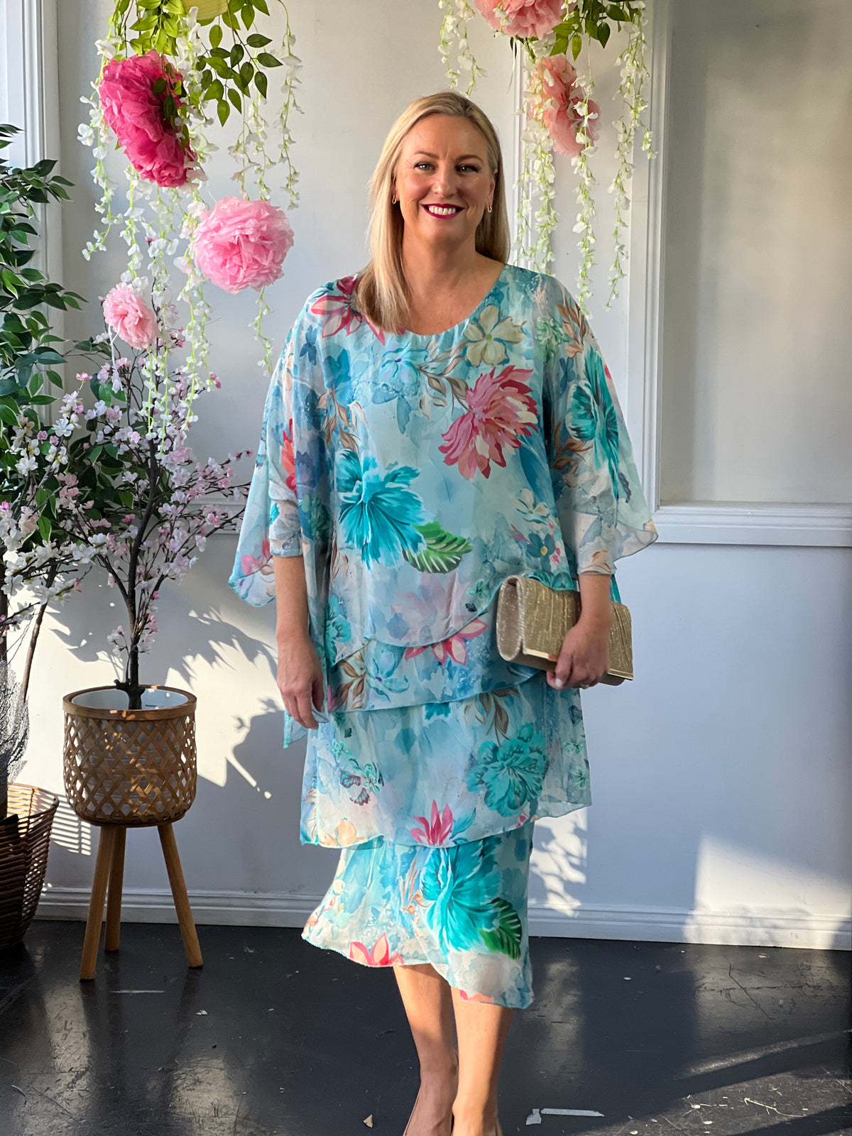 Bronx Aqua Floral Silk Dress