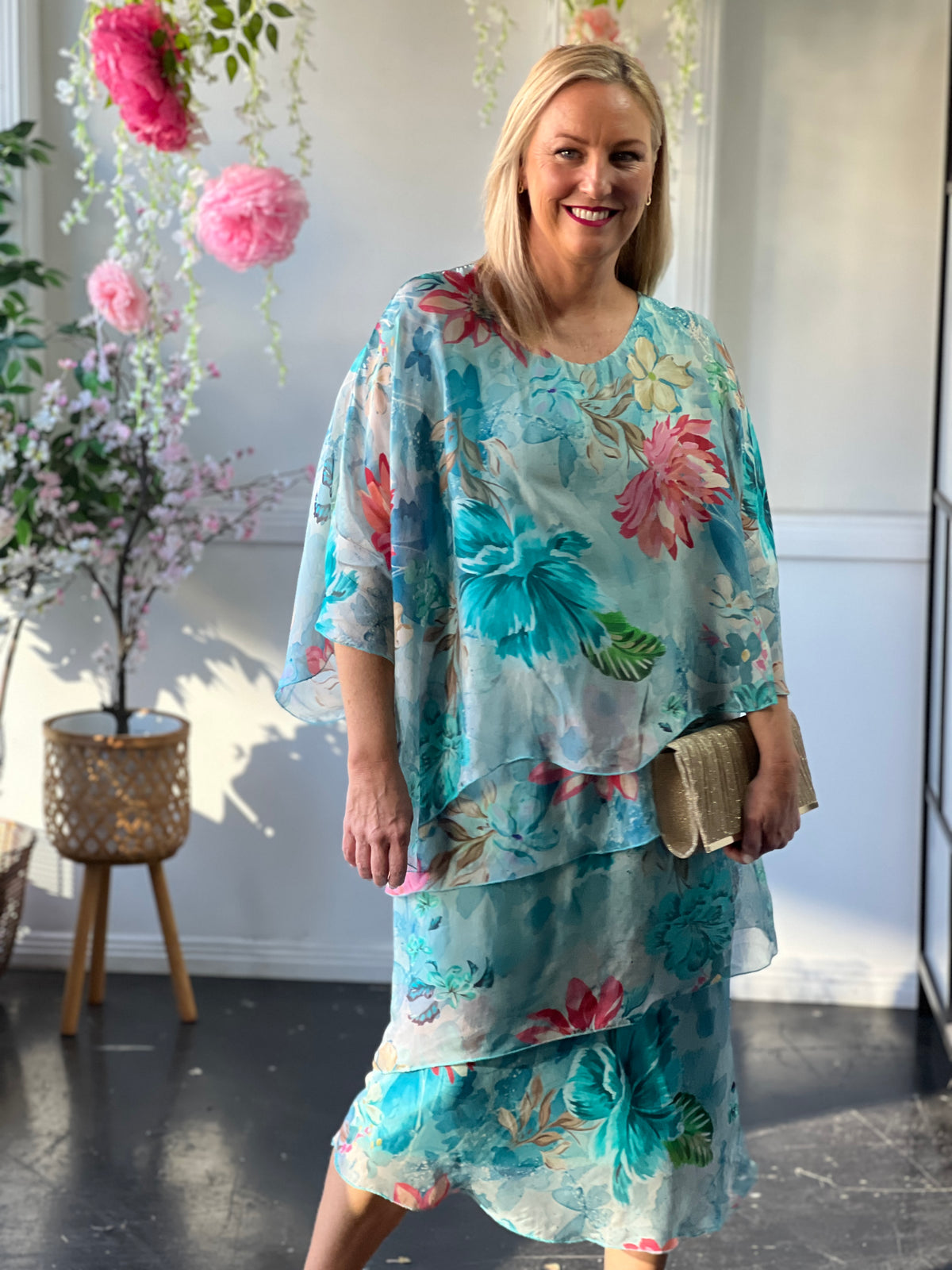 Bronx Aqua Floral Silk Dress