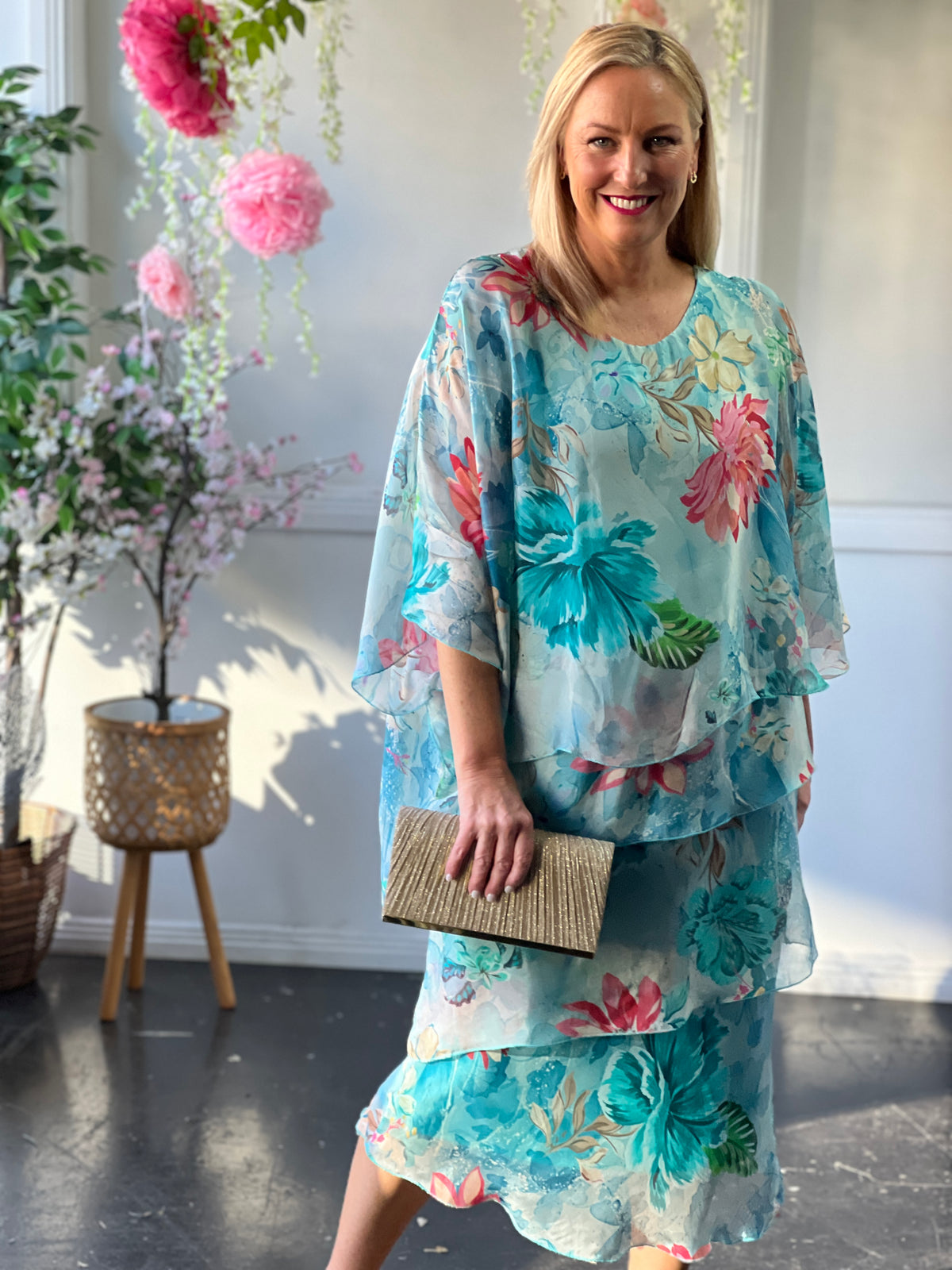 Bronx Aqua Floral Silk Dress