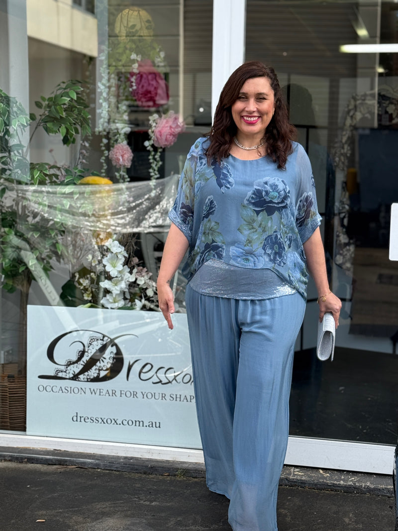 Brooklyn Dusty Blue Floral Silk Top