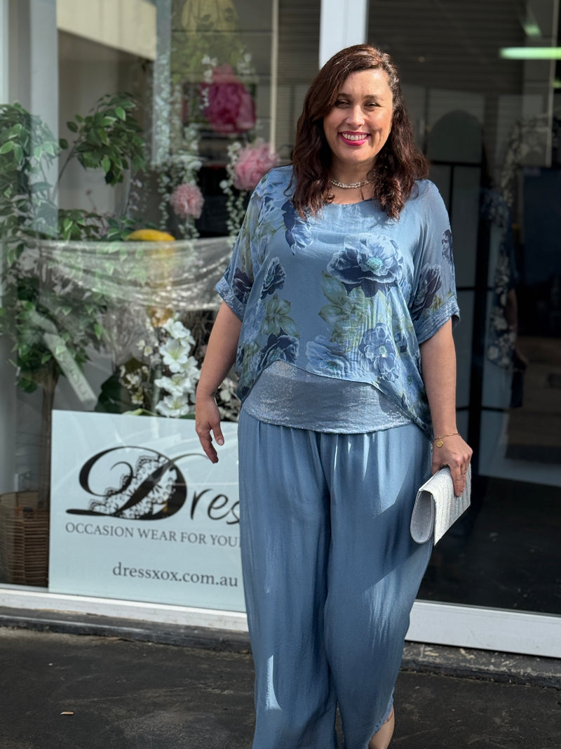 Brooklyn Dusty Blue Floral Silk Top