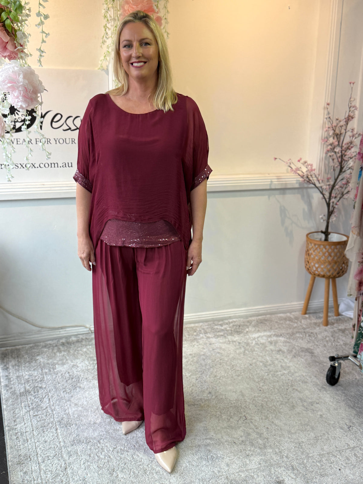 Callie Burgundy Sequin Silk Top