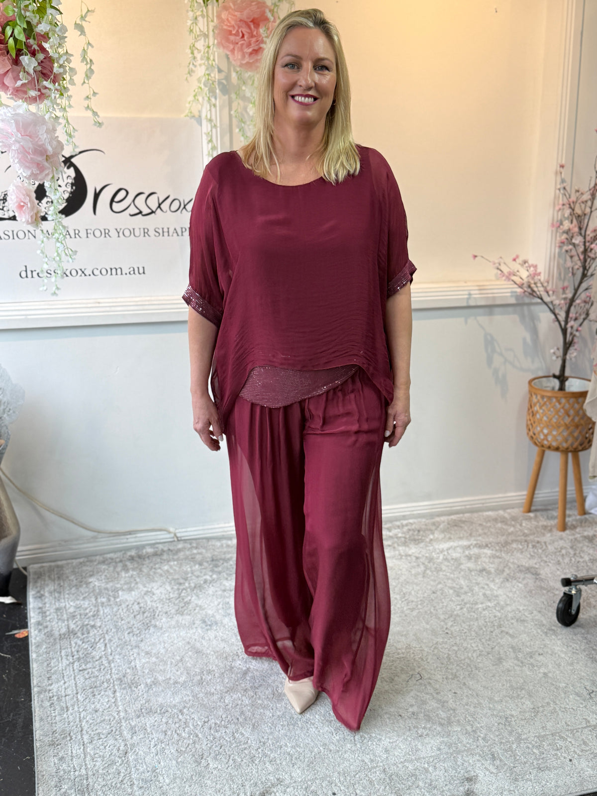 Callie Burgundy Sequin Silk Top