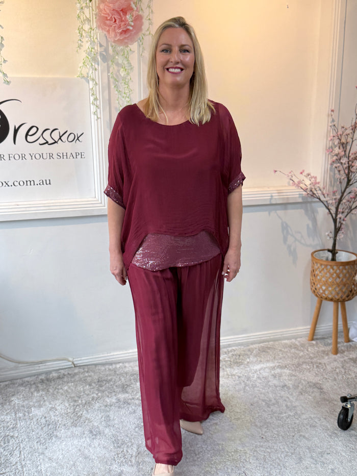 Callie Burgundy Sequin Silk Top