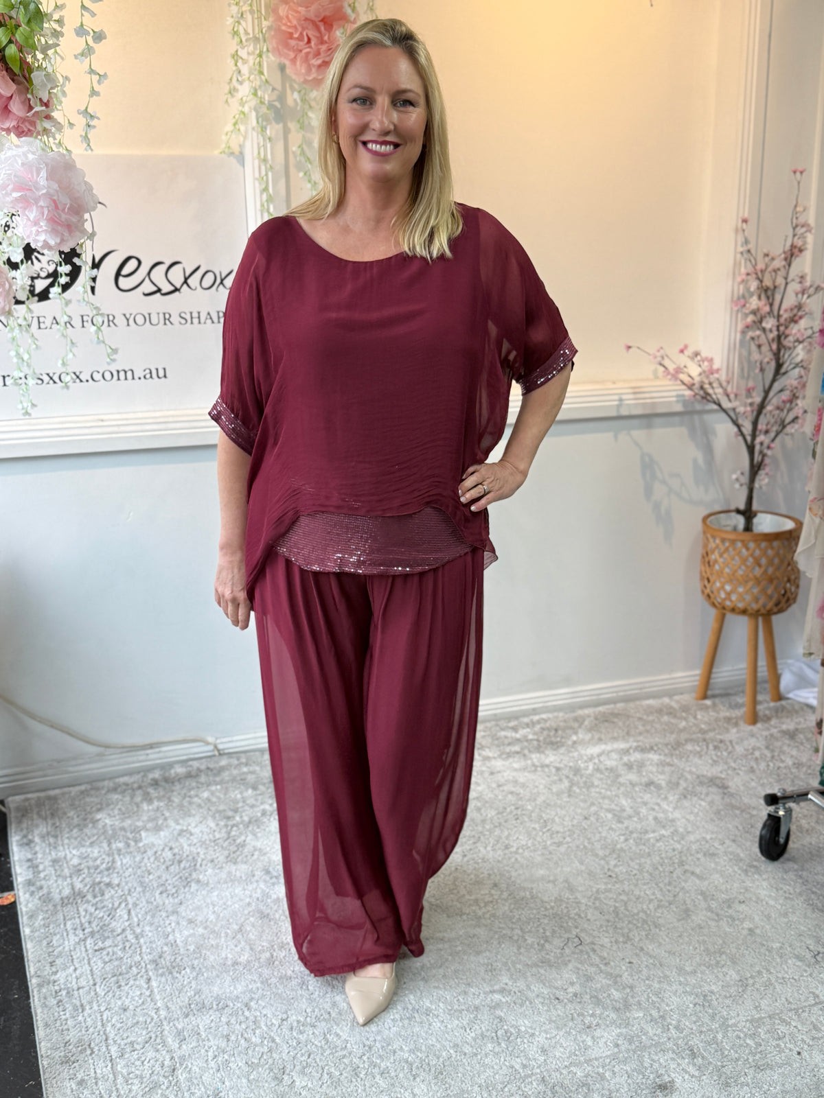 Callie Burgundy Sequin Silk Top