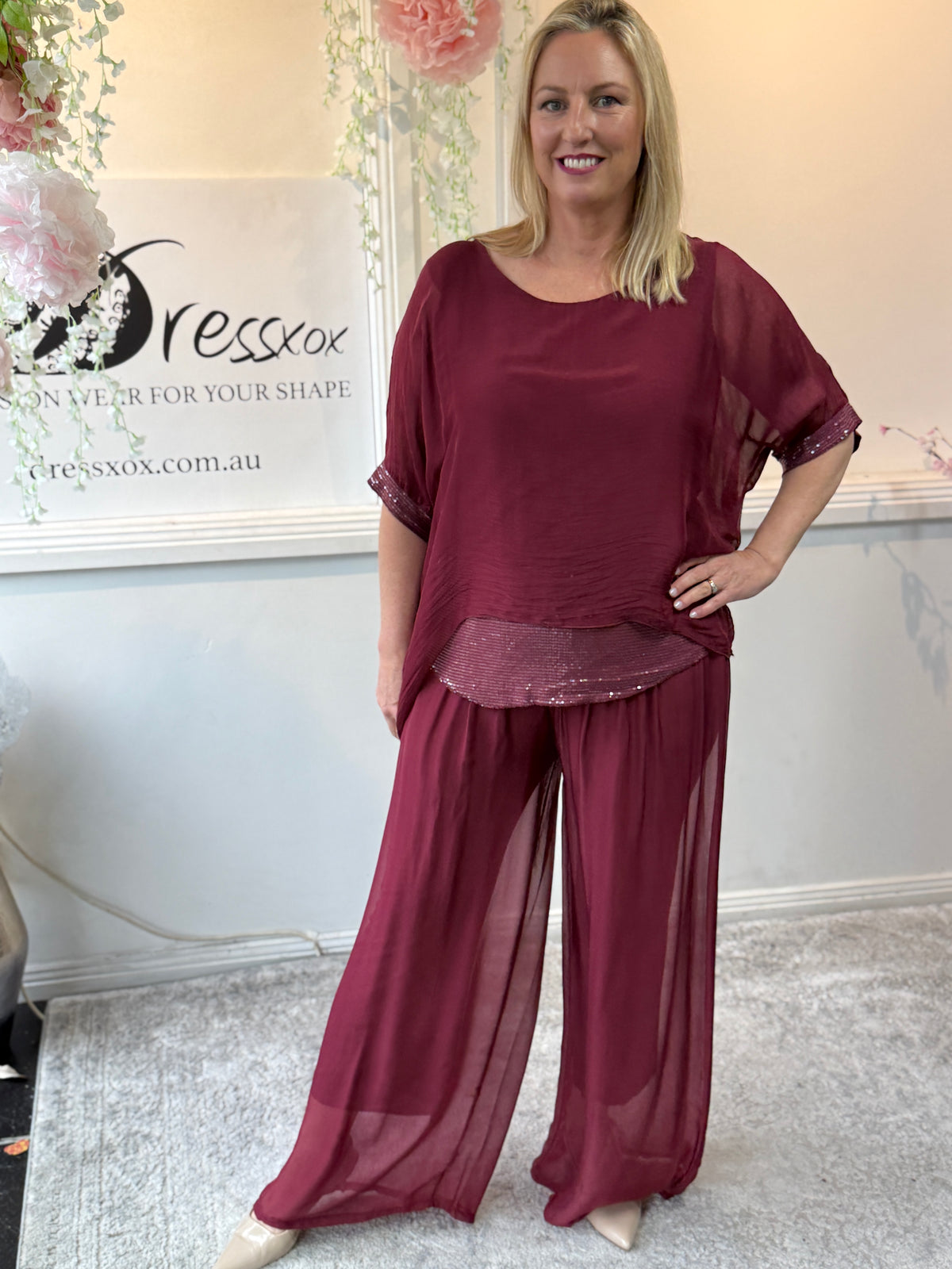 Callie Burgundy Sequin Silk Top