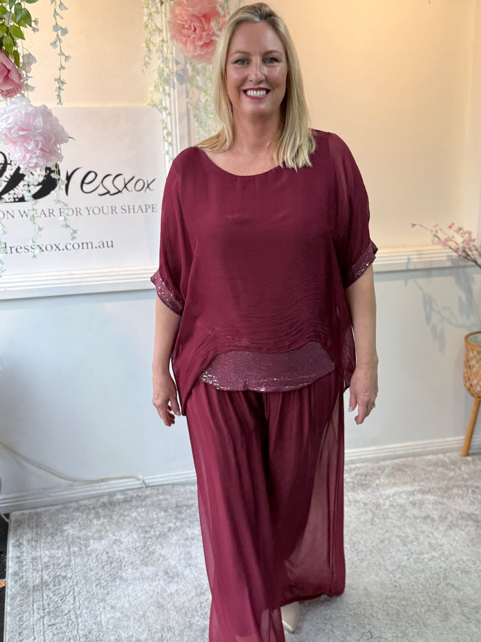 Callie Burgundy Sequin Silk Top