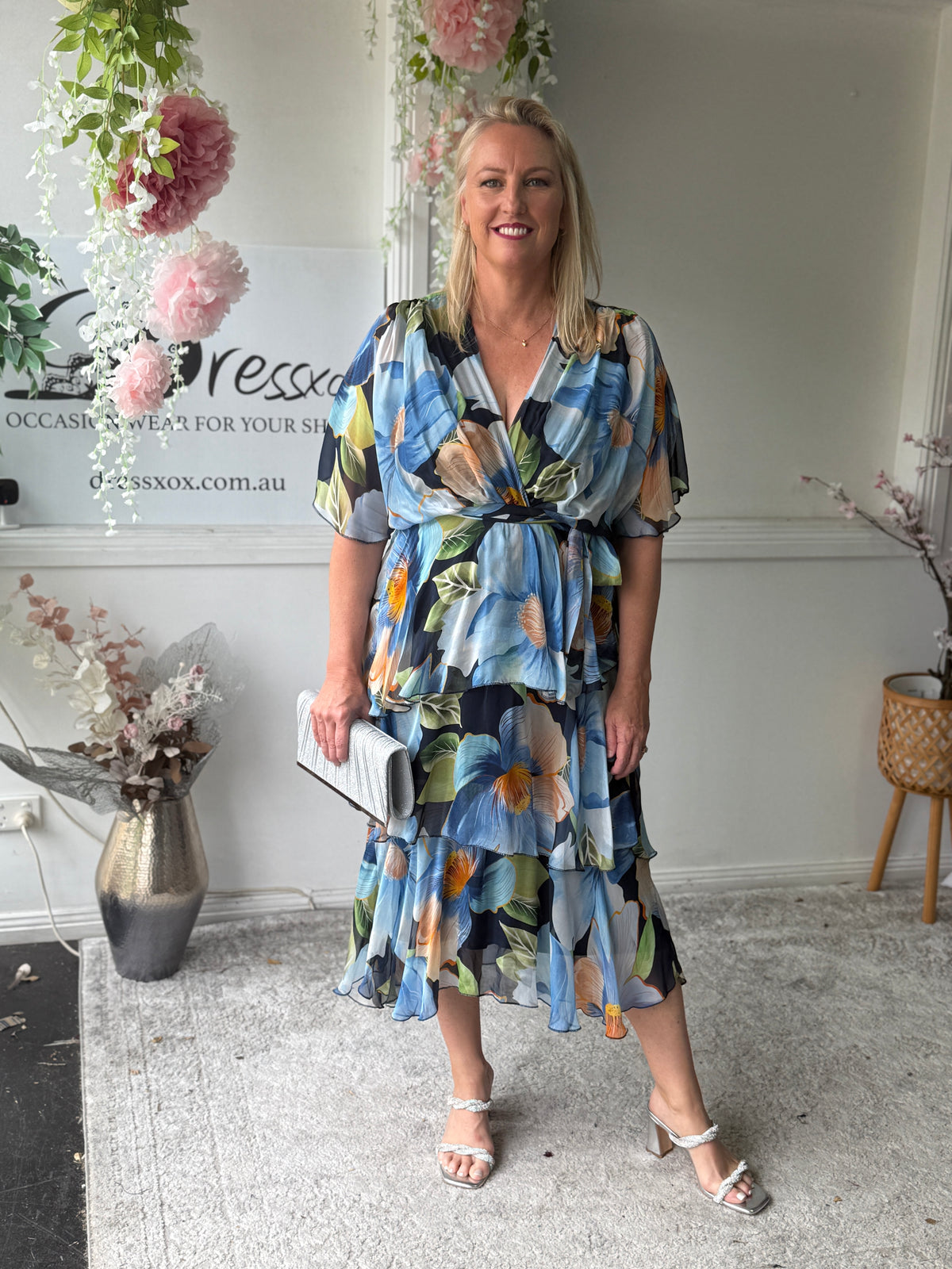Clara Blue Floral Silk Dress