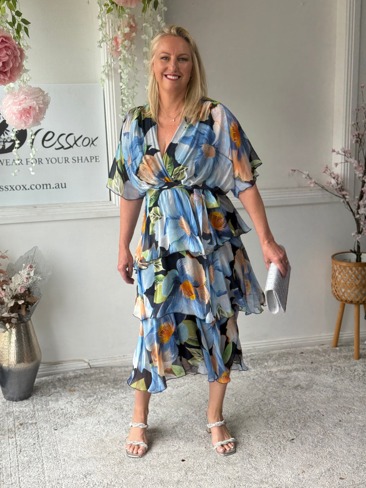 Clara Blue Floral Silk Dress