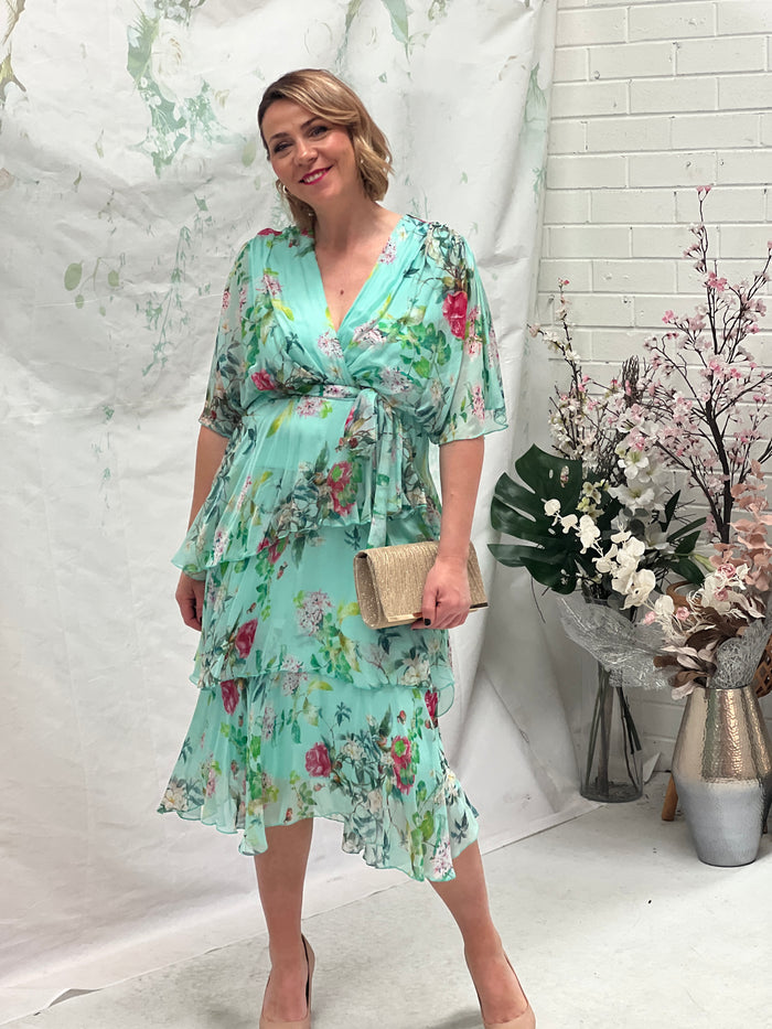 Clara Mint Floral Silk Dress