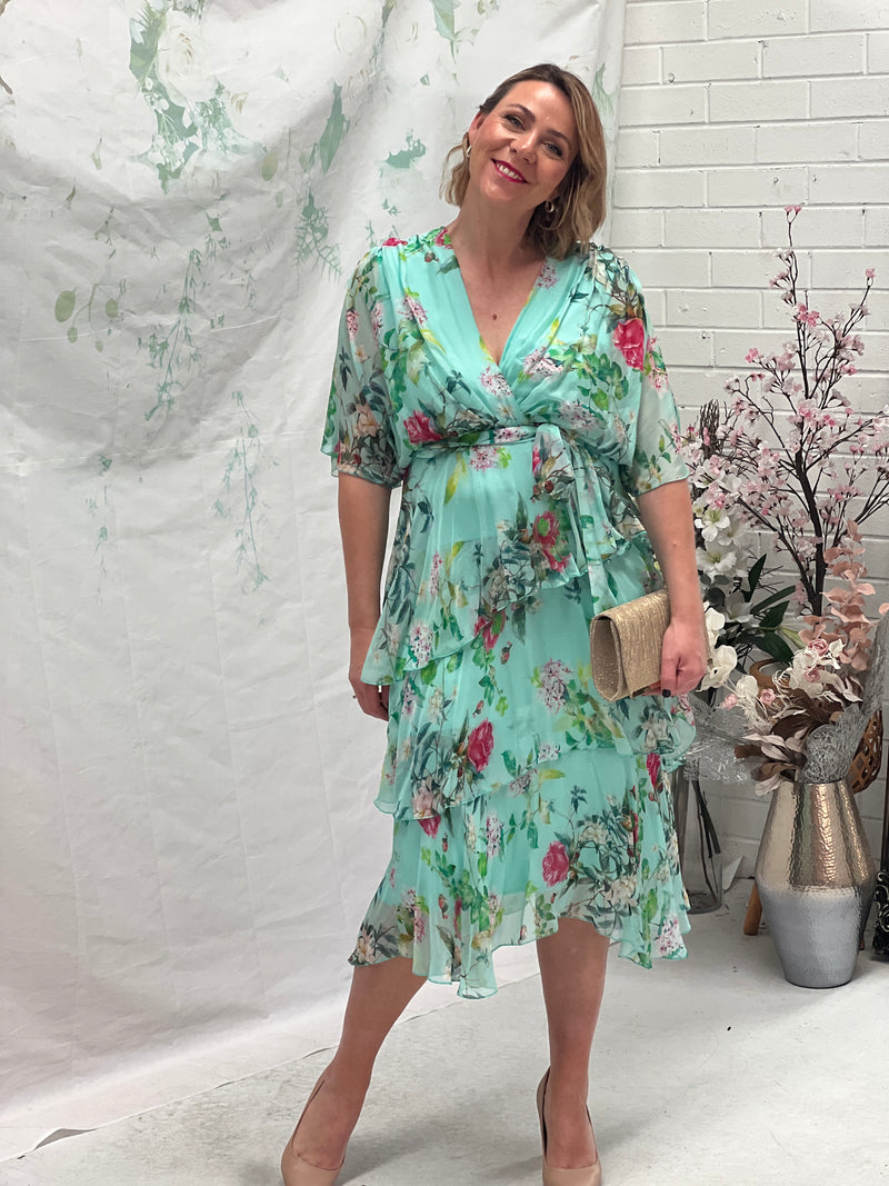 Clara Mint Floral Silk Dress