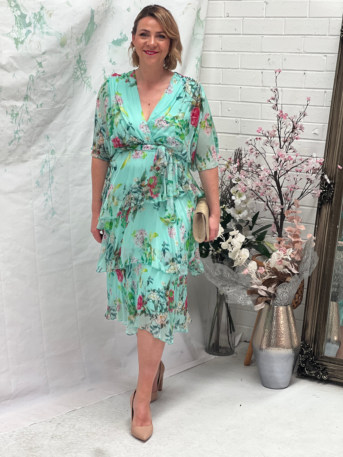 Clara Mint Floral Silk Dress