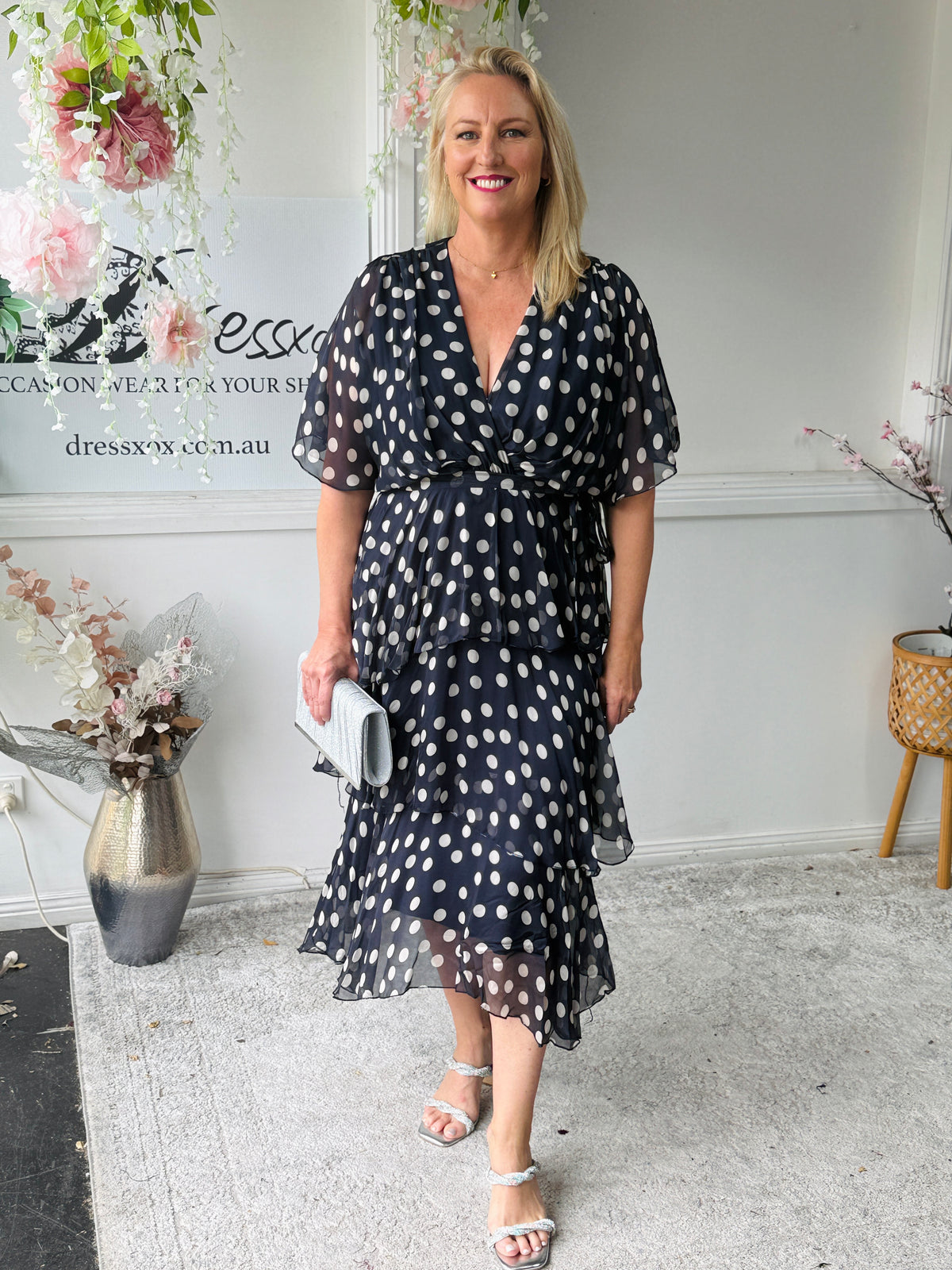 Clara Navy Polkadot Silk Dress